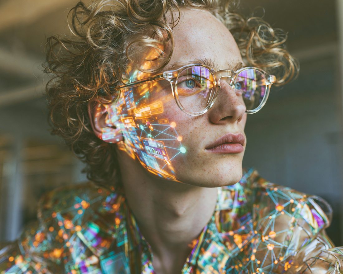 Editorial portrait of a young person in glasses, glowing social feeds and network graphs projected across their face and shirt