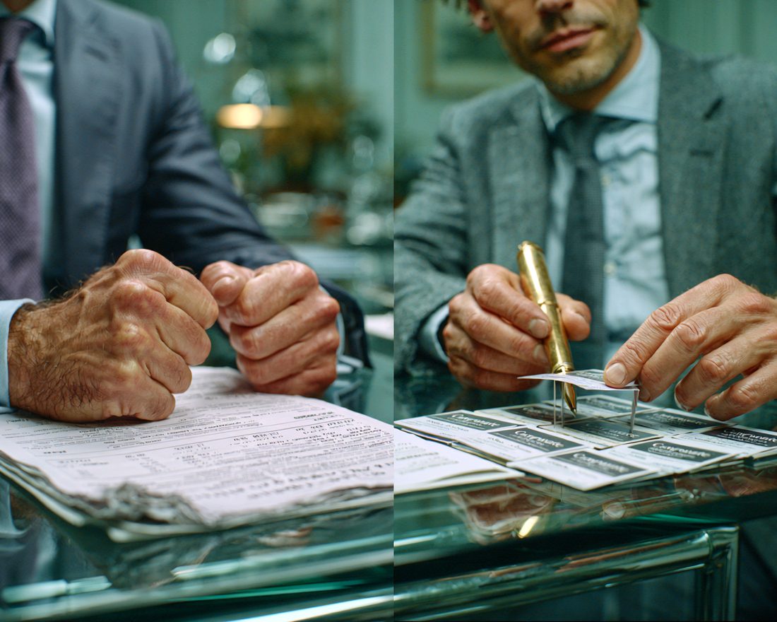 Side-by-side of two suited men at a desk: one with fists clenched over crumpled paperwork, the other idly building a house of cards from business cards