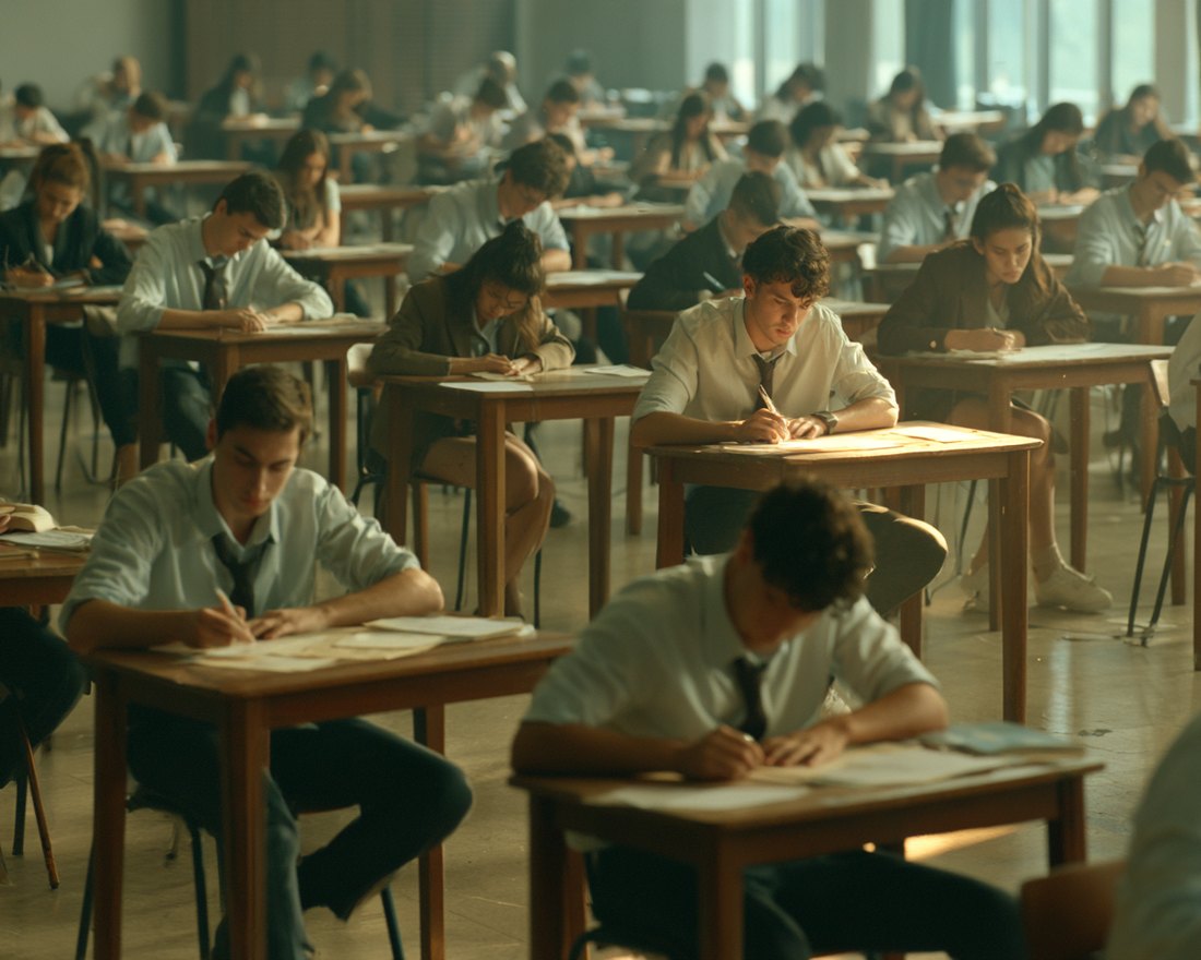 A crowded examination hall of uniformed students writing at wooden desks in long rows, warm light falling across a single desk near the center