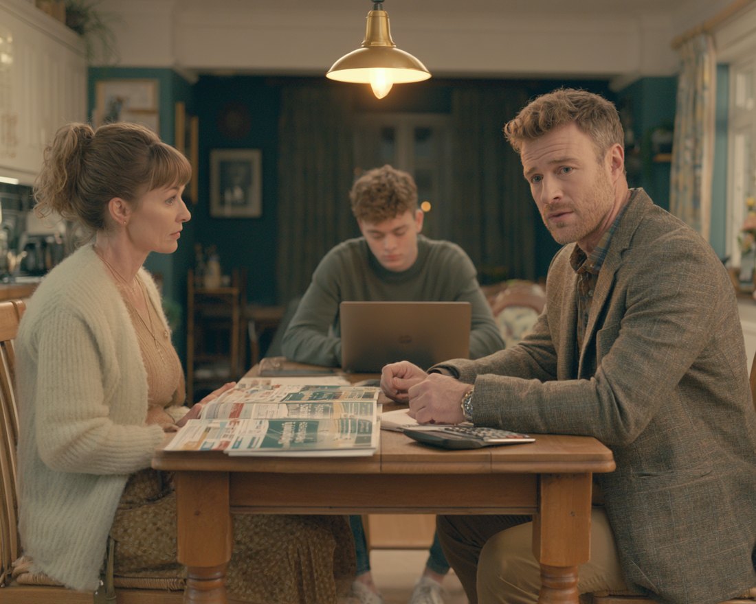 A mother and father at a kitchen table facing their teenage son across university brochures, a laptop and a calculator, a single pendant lamp lighting the paperwork while the room falls into shadow
