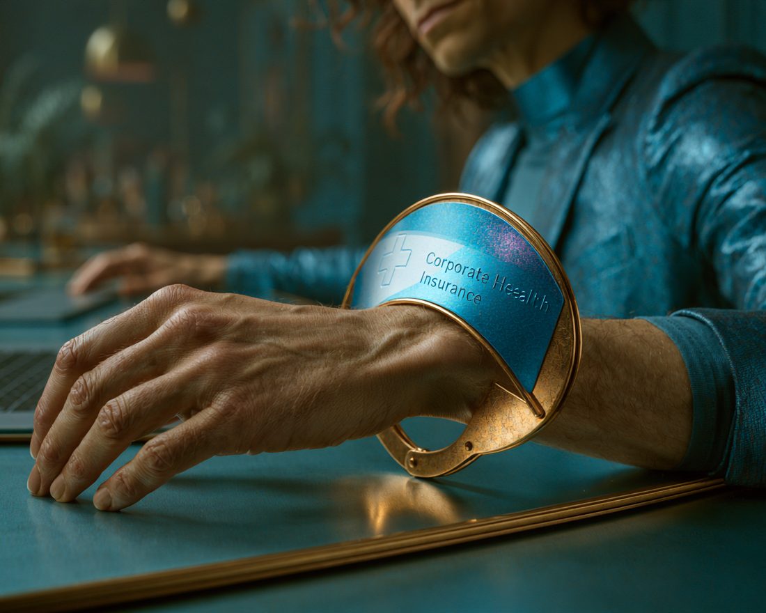 A wrist locked in a golden handcuff shaped like a corporate health insurance card, hand resting on a desk beside a laptop