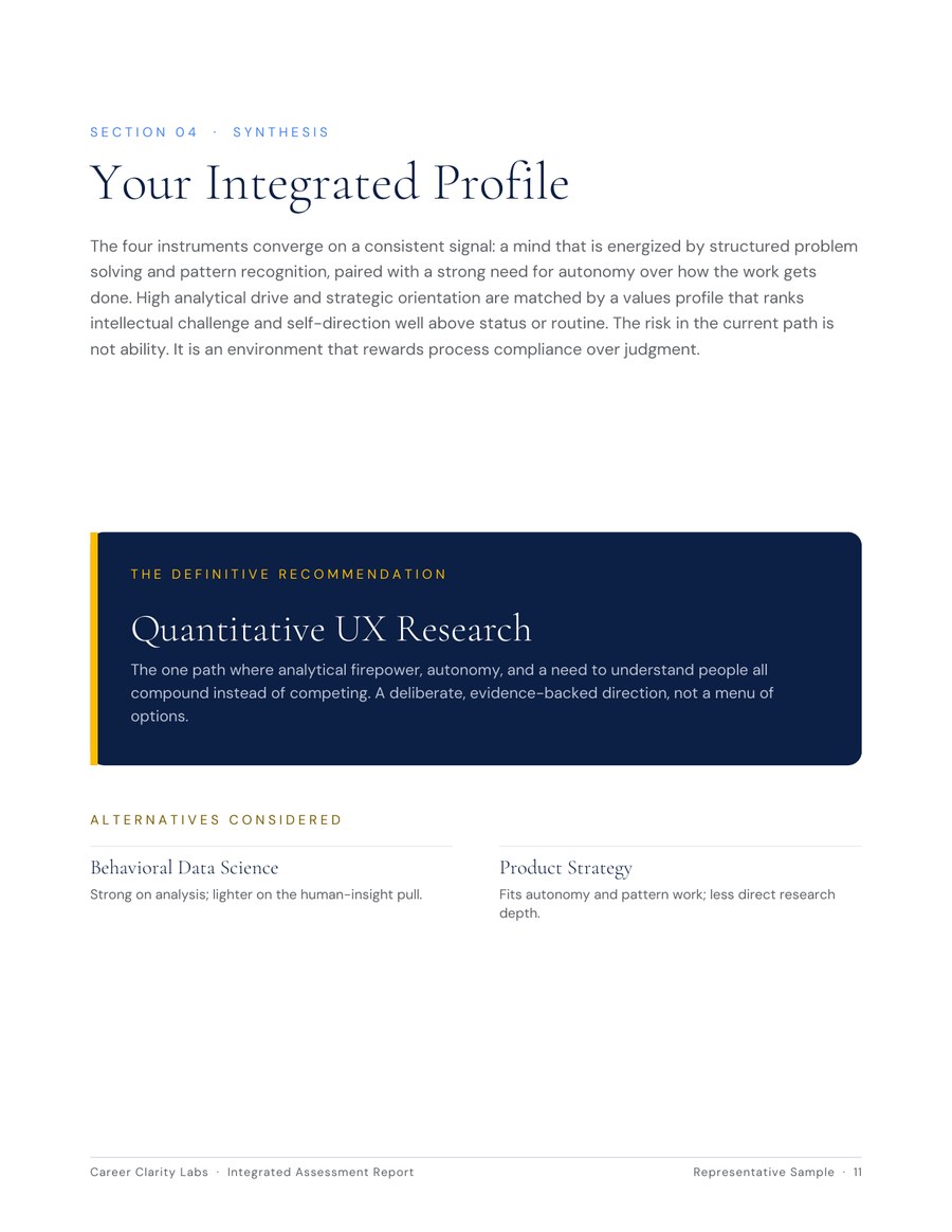 Sample career assessment report: integrated profile and definitive career recommendation