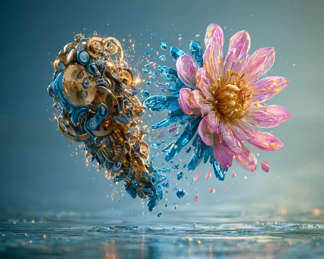 A surreal heart split in two: one half brass gears and machinery, the other a pink crystal flower, shattering into blue glass shards